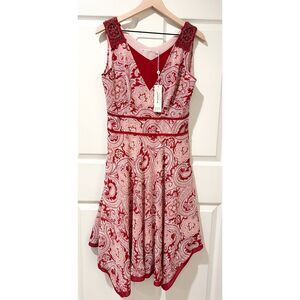 NWT KAJA Knitwear Handkerchief Red Beaded Shoulder Dress Y2K Paisley XL Japan
